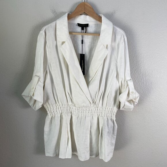 NEW Donna Karan Womens XL Ivory 100% Linen Top Elastic Waist Roll Tab Sleeve - Picture 6 of 10